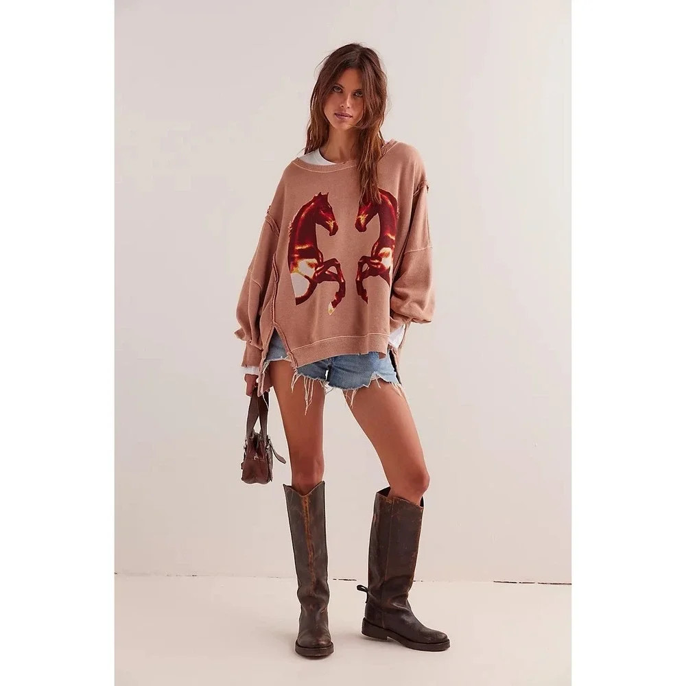 NEW We The Free People Oversized Camden Crew Sweatshirt Mirrored Horses Large/L